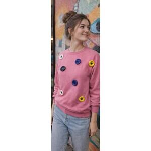 Kitschcore Pink Sweatshirt Colorful Button Statement Indie Art Teacher Small